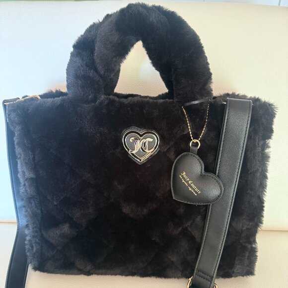 NWT JUICY COUTURE LET'S GET COZY TOTE BAG BLACK VIRAL BAG FAUX FUR - Picture 1 of 6